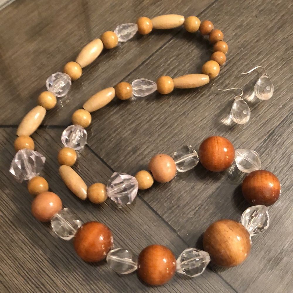 Handmade wooden and clear bead necklace
